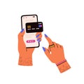 Phone and credit card in female hands. Mobile payment concept. Modern secure banking service